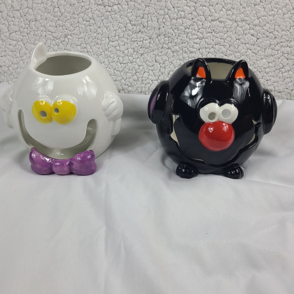 Set of 2 Halloween Ceramic Ghost and Black Cat Tea Light Candle Holders Decor